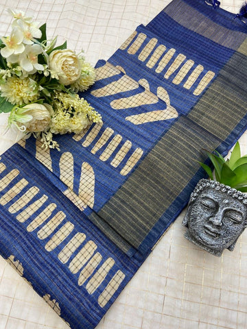 Royal Blue Tussar Silk Geometric Print Saree