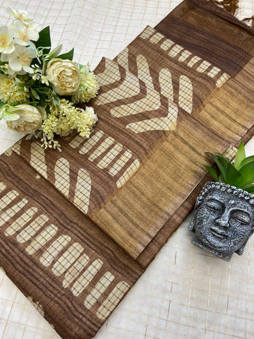 Brown Tussar Silk Geometric Print Saree