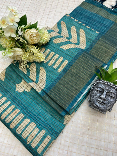 Teal Tussar Silk Geometric Print Saree