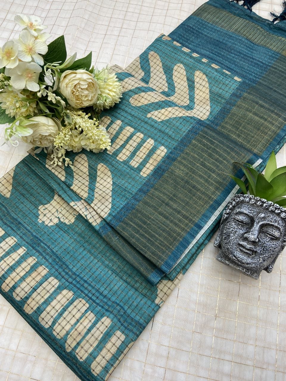 Teal Tussar Silk Geometric Print Saree