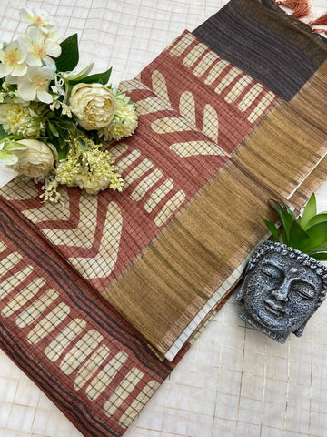 Rust Tussar Silk Geometric Print Saree