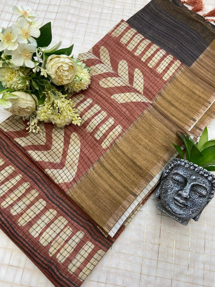 Rust Tussar Silk Geometric Print Saree