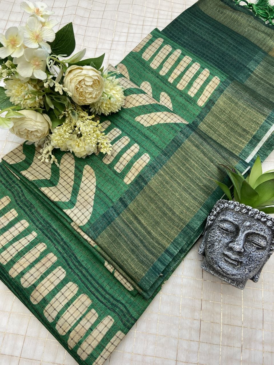 Green Tussar Silk Geometric Print Saree