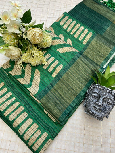 Green Tussar Silk Geometric Print Saree