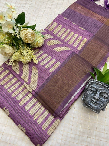 Purple Tussar Silk Geometric Print Saree