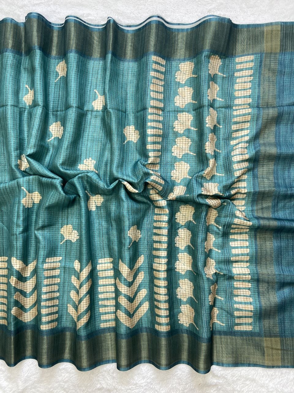 Teal Tussar Silk Geometric Print Saree, view 2