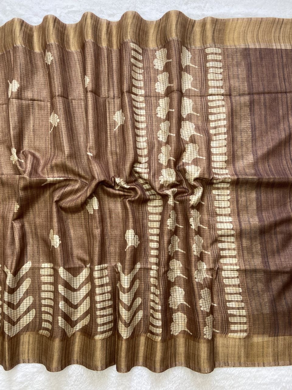 Brown Tussar Silk Geometric Print Saree, view 2
