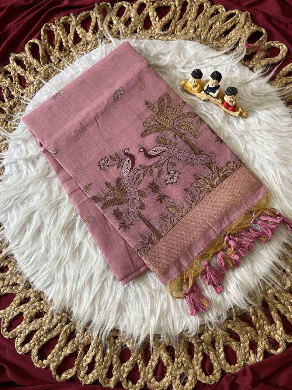 Pink Muga Cotton Peacock Pallu Saree