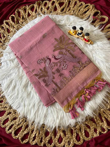 Pink Muga Cotton Peacock Pallu Saree