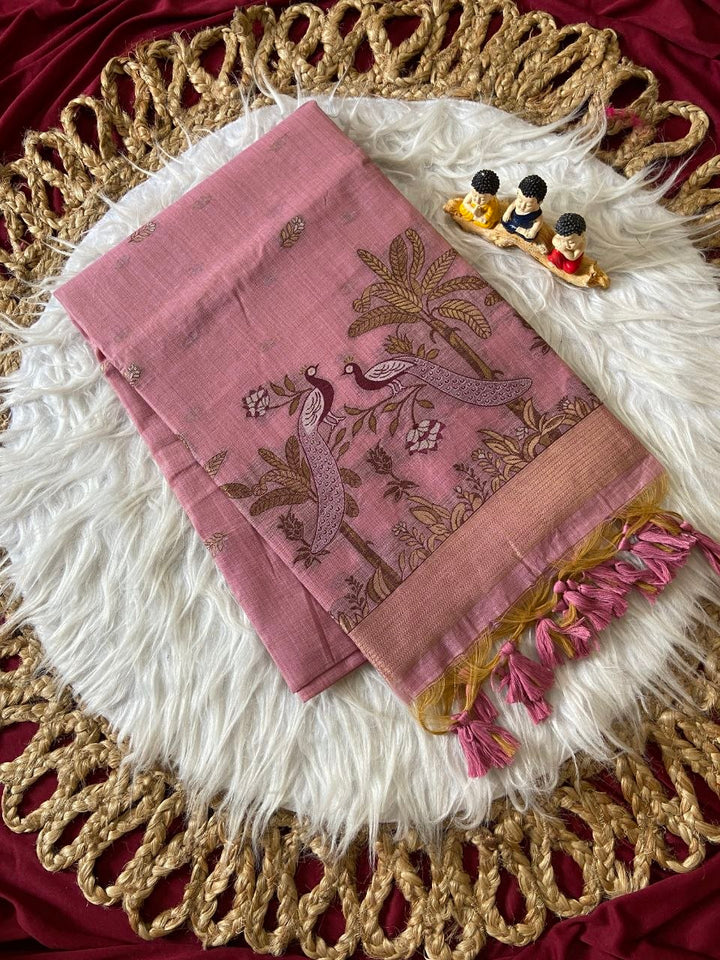 Pink Muga Cotton Peacock Pallu Saree
