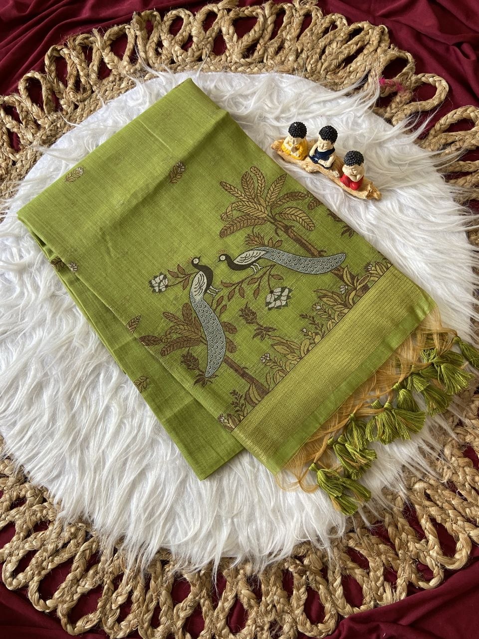 Parrot Green Muga Cotton Peacock Pallu Saree