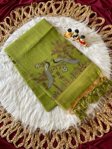 Parrot Green Muga Cotton Peacock Pallu Saree