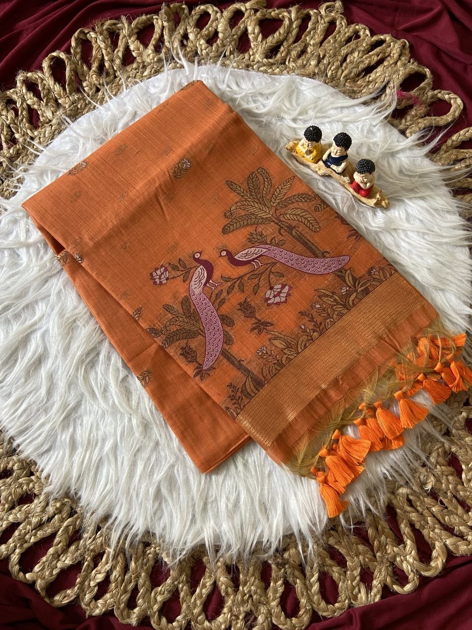 Orange Muga Cotton Peacock Pallu Saree