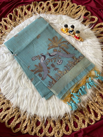 Sky Blue Muga Cotton Peacock Pallu Saree