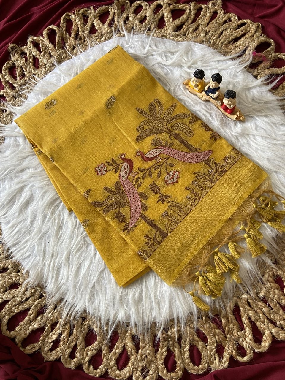 Mustard Muga Cotton Peacock Pallu Saree