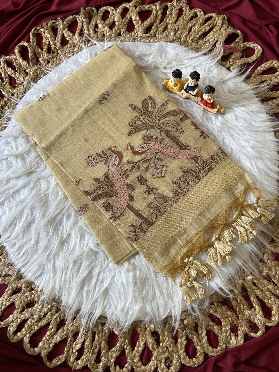 Beige Muga Cotton Peacock Pallu Saree