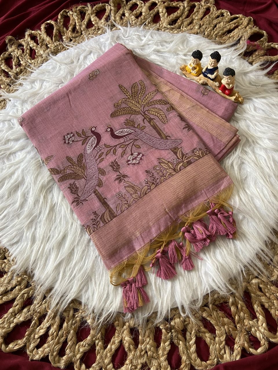 Pink Muga Cotton Peacock Pallu Saree