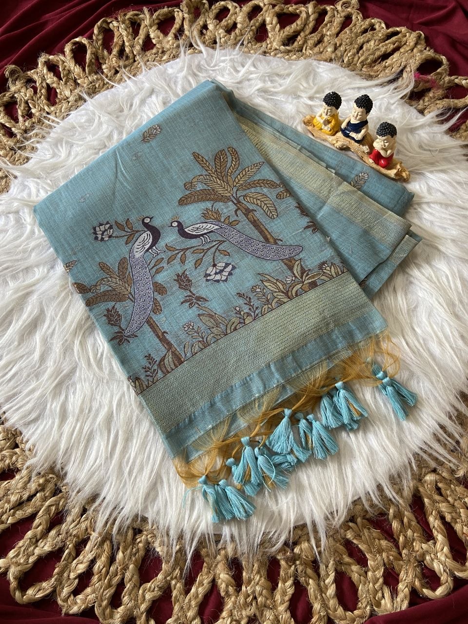 Sky Blue Muga Cotton Peacock Pallu Saree
