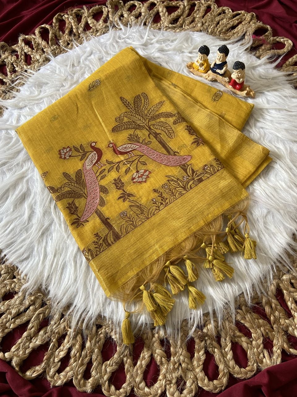Mustard Muga Cotton Peacock Pallu Saree