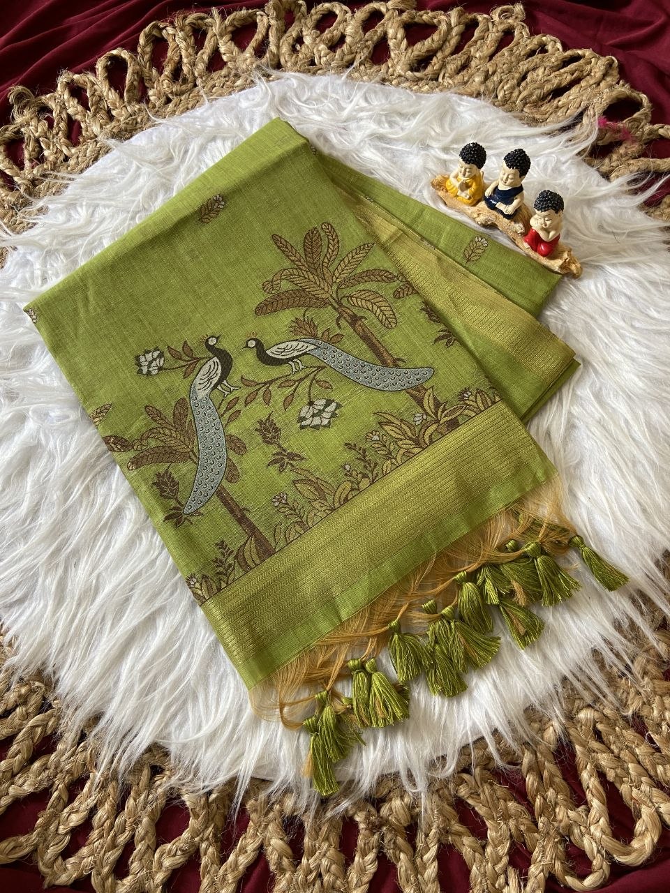Parrot Green Muga Cotton Peacock Pallu Saree