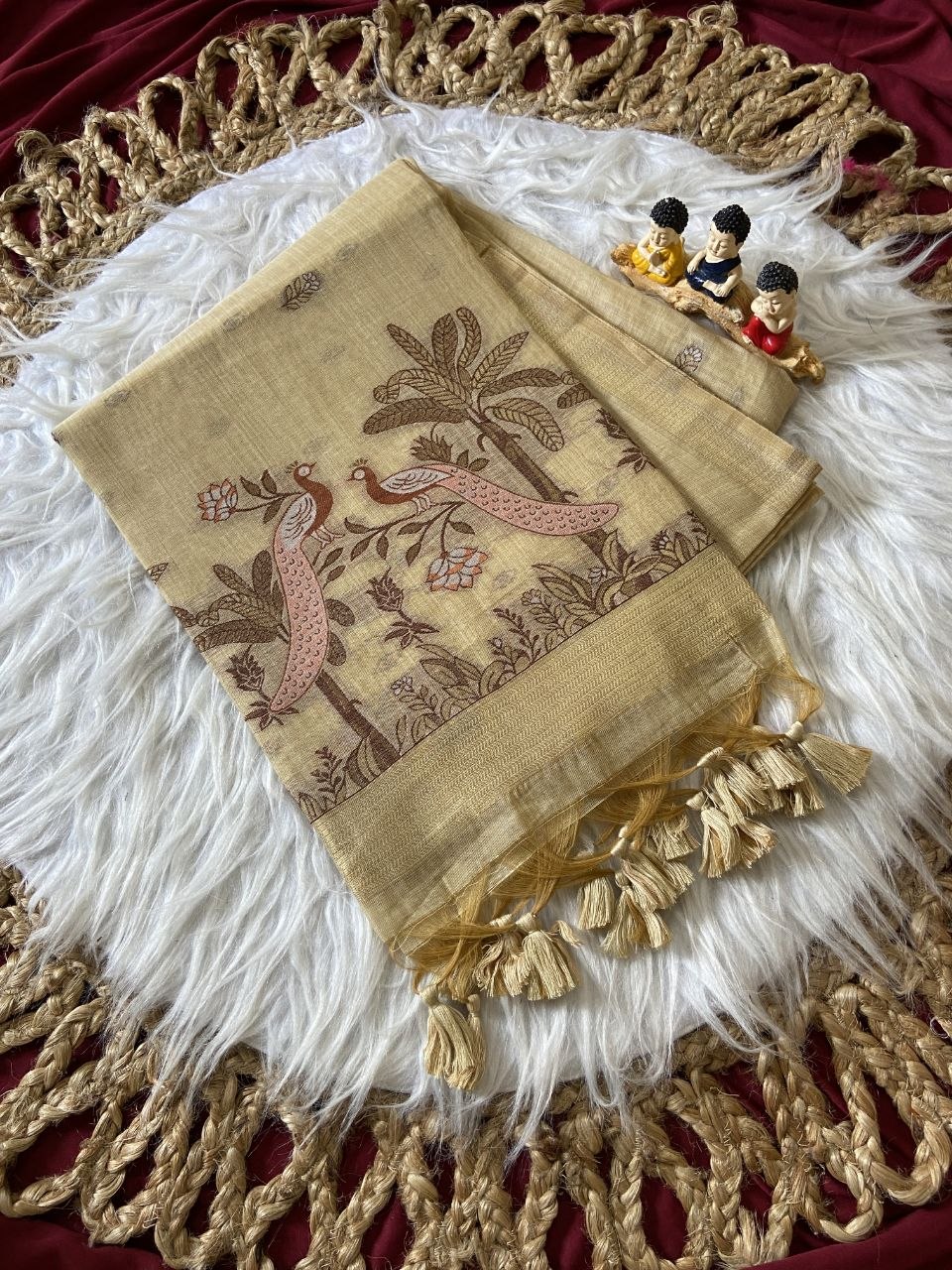 Beige Muga Cotton Peacock Pallu Saree, view 2
