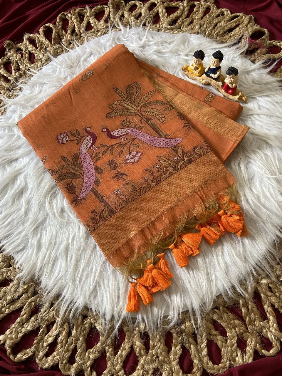 Orange Muga Cotton Peacock Pallu Saree, view 2
