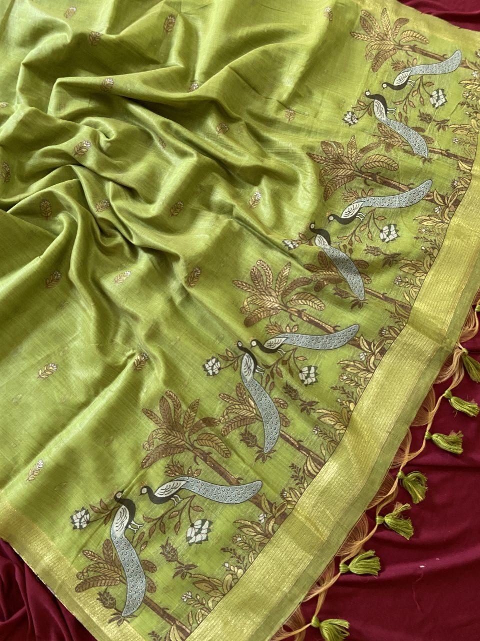 Parrot Green Muga Cotton Peacock Pallu Saree, view 3
