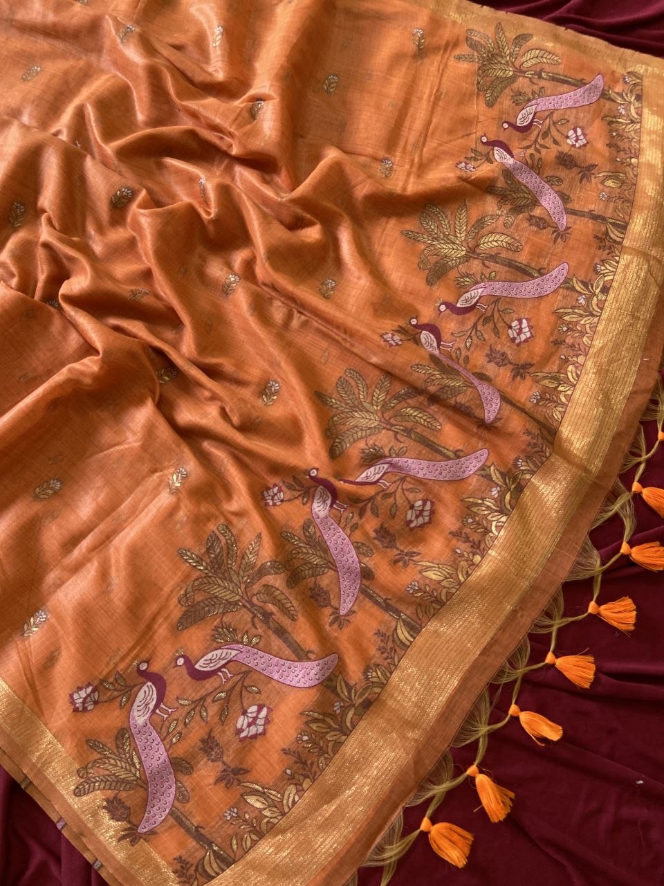 Orange Muga Cotton Peacock Pallu Saree, view 3