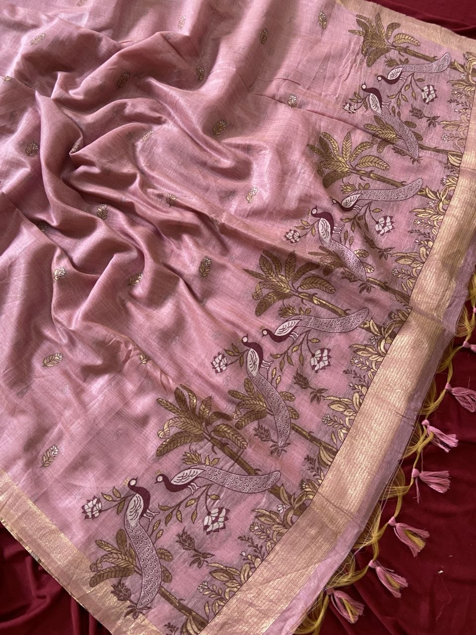 Pink Muga Cotton Peacock Pallu Saree, view 3