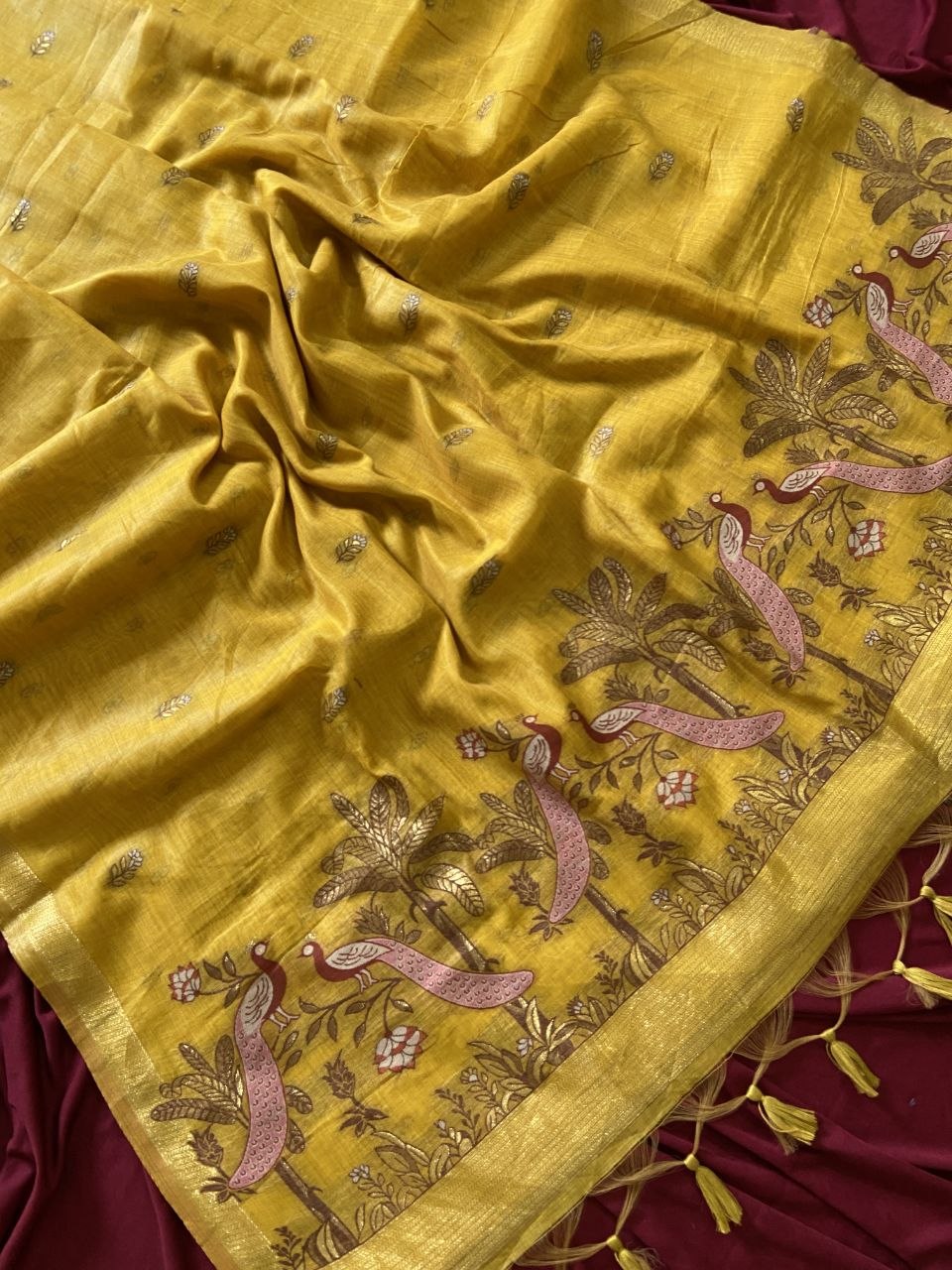 Mustard Muga Cotton Peacock Pallu Saree, view 3