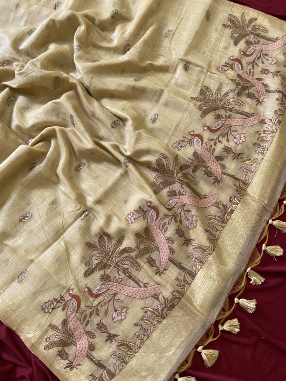 Beige Muga Cotton Peacock Pallu Saree, view 3