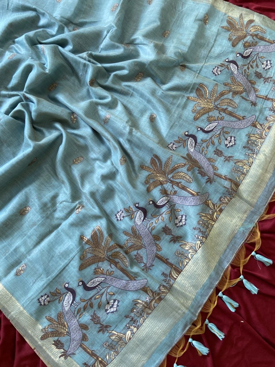 Sky Blue Muga Cotton Peacock Pallu Saree, view 3