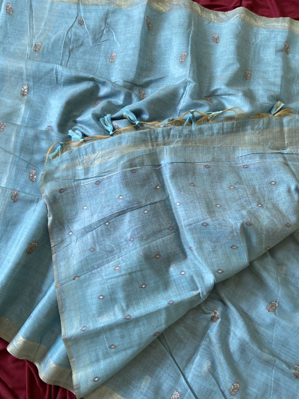 Sky Blue Muga Cotton Peacock Pallu Saree, view 4
