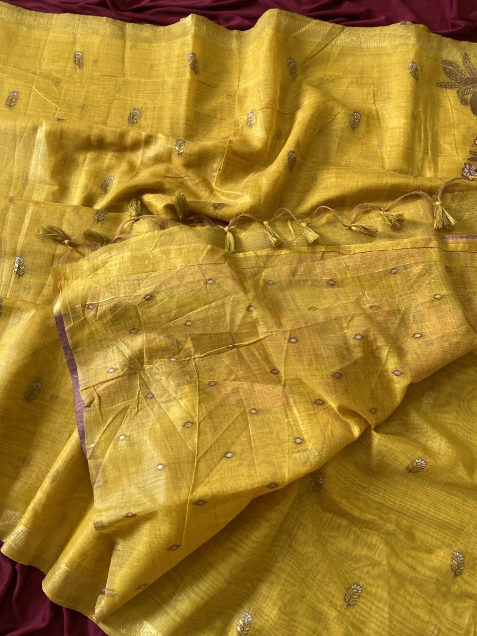 Mustard Muga Cotton Peacock Pallu Saree, view 4
