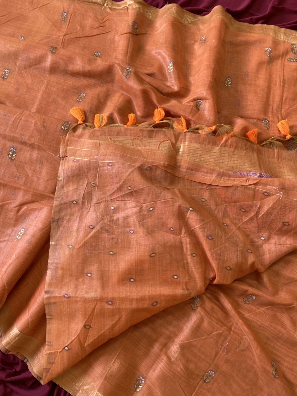 Orange Muga Cotton Peacock Pallu Saree, view 4