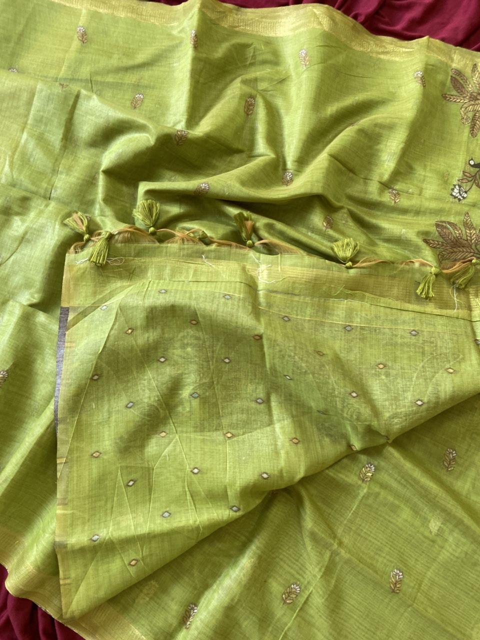 Parrot Green Muga Cotton Peacock Pallu Saree, view 4