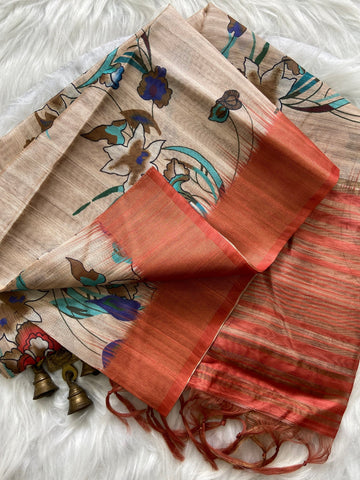 Orange Tussar Silk Printed Saree with Zari Border