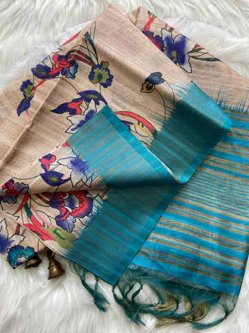 Sky Blue Tussar Silk Printed Saree with Zari Border