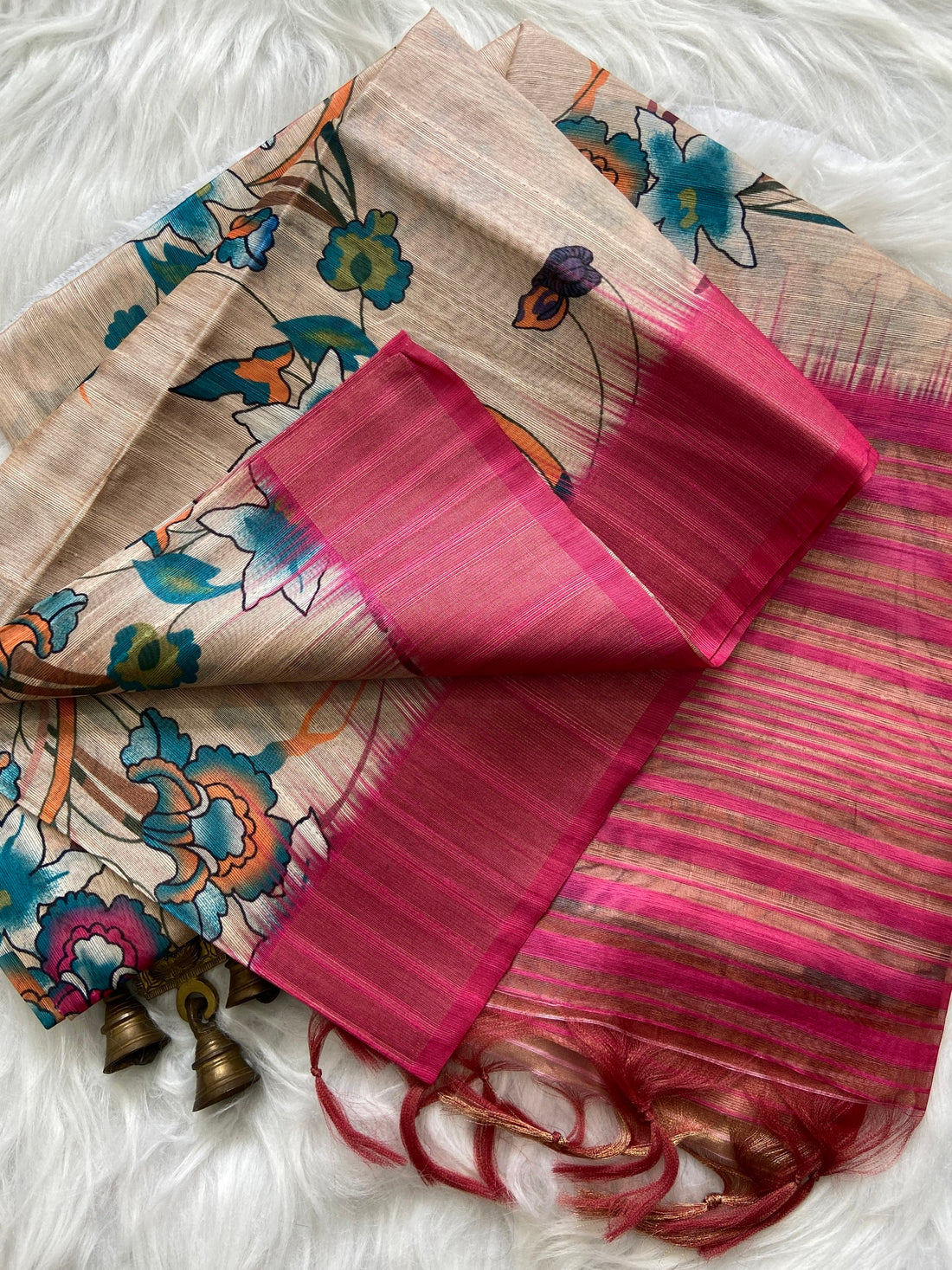 Rani Pink Tussar Silk Printed Saree with Zari Border