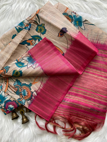 Rani Pink Tussar Silk Printed Saree with Zari Border