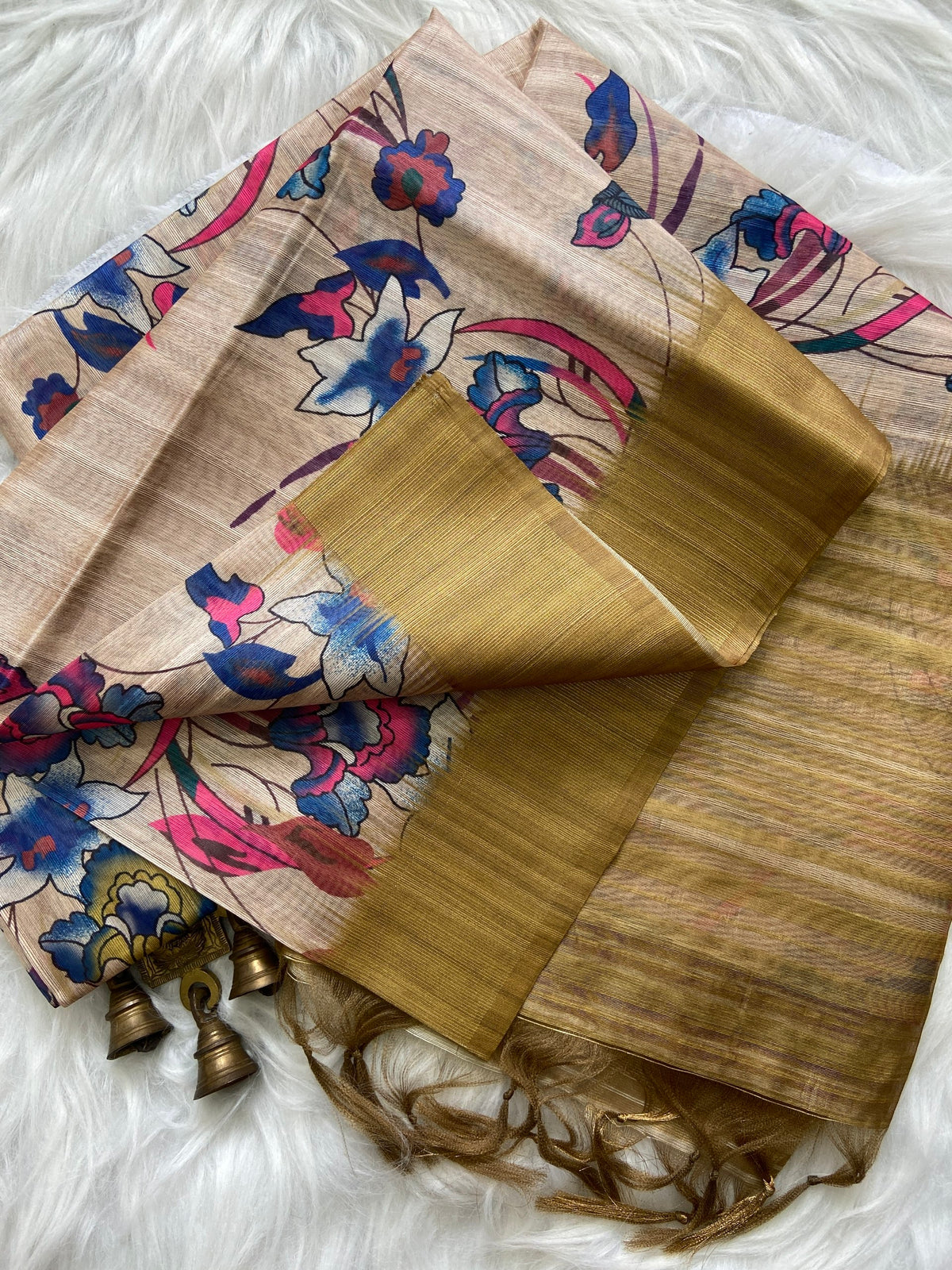 Olive Tussar Silk Printed Saree with Zari Border