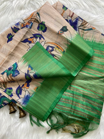 Green Tussar Silk Printed Saree with Zari Border