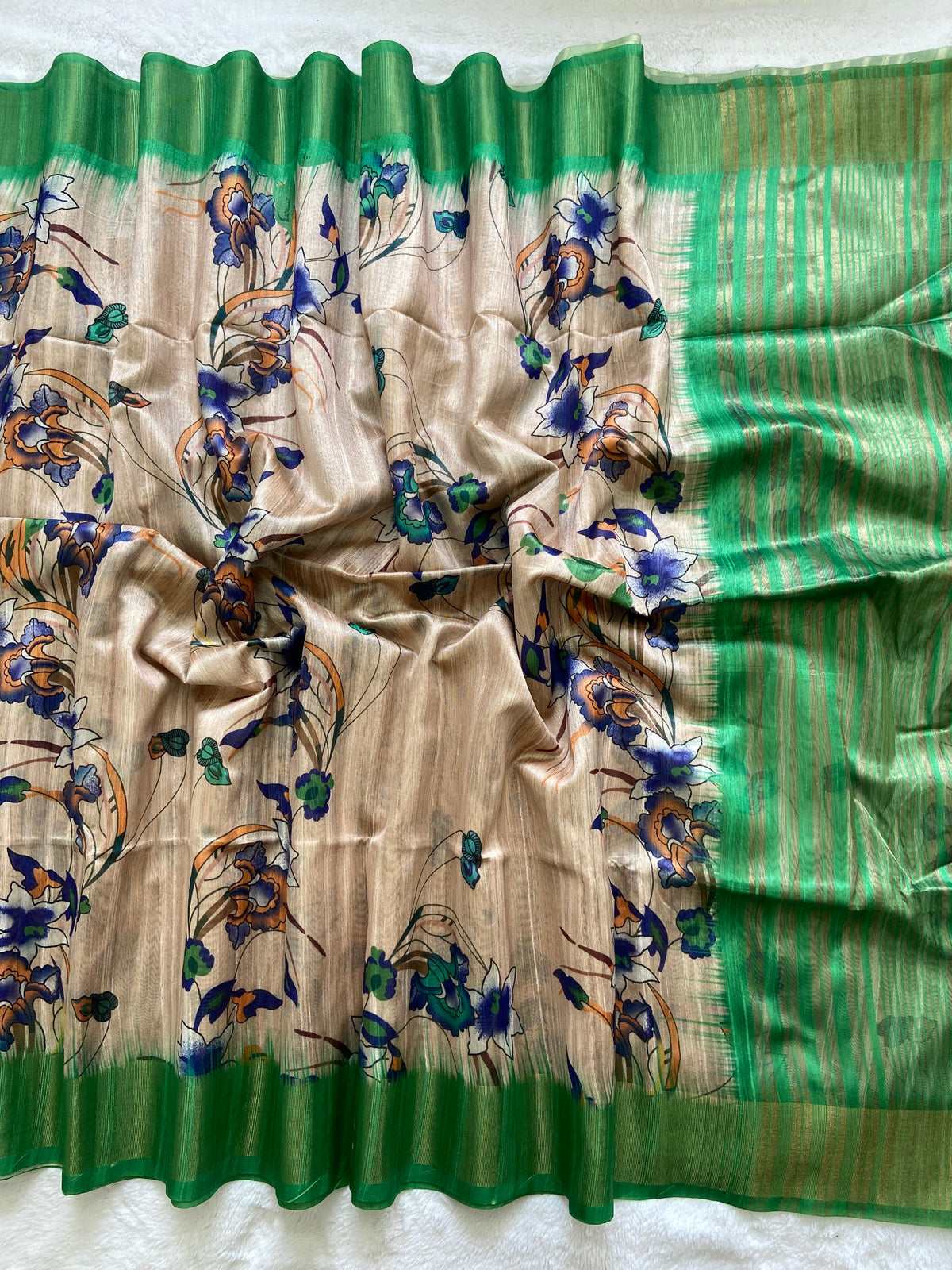 Green Tussar Silk Printed Saree with Zari Border, view 2