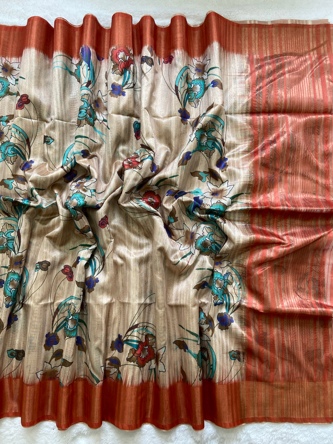 Orange Tussar Silk Printed Saree with Zari Border