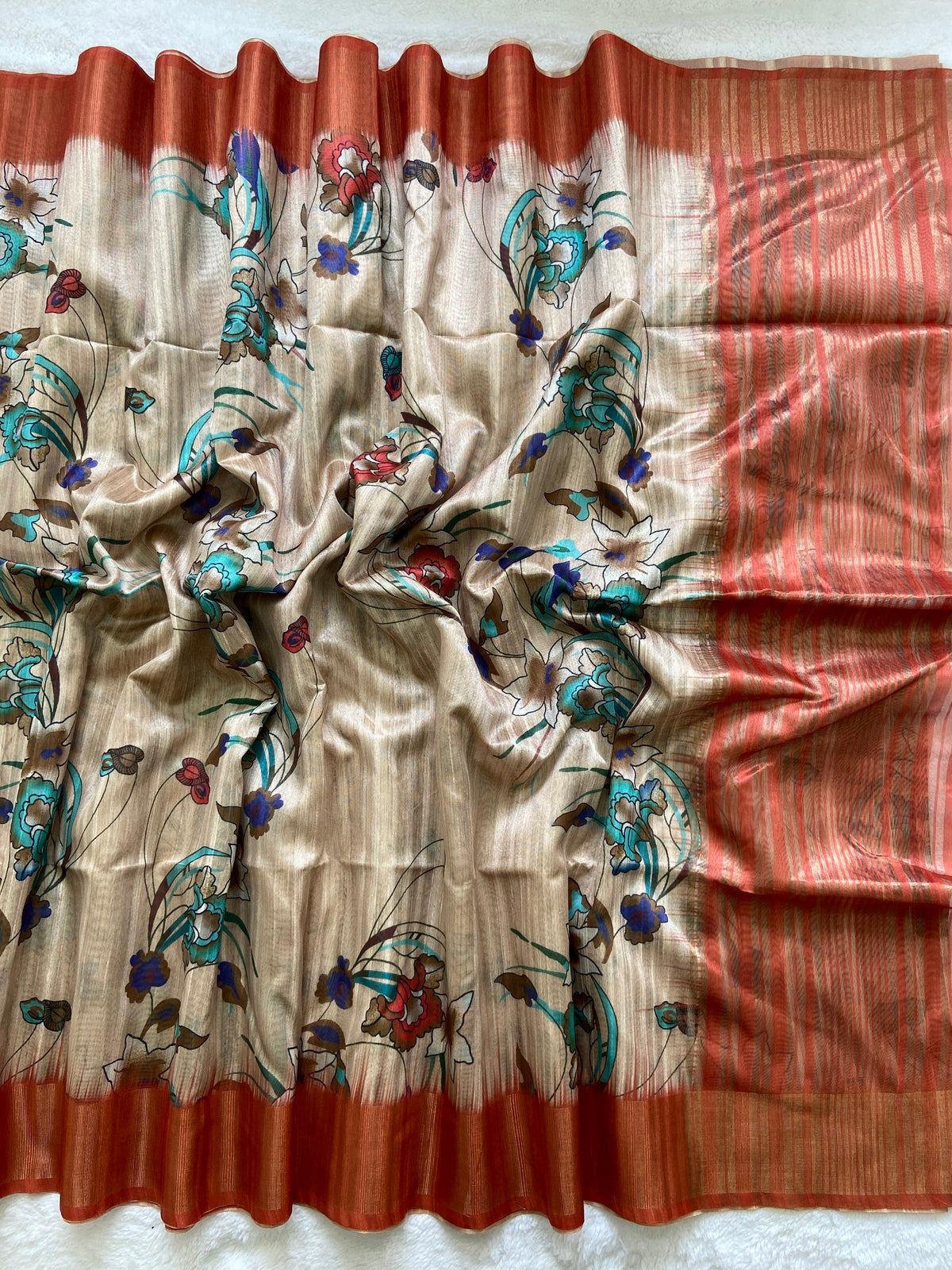 Orange Tussar Silk Printed Saree with Zari Border, view 2