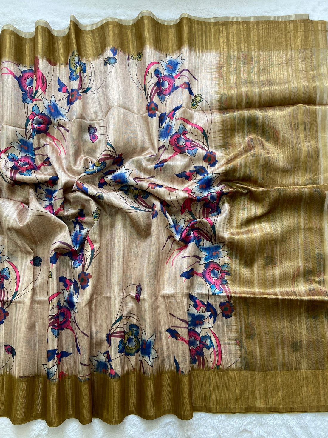 Olive Tussar Silk Printed Saree with Zari Border