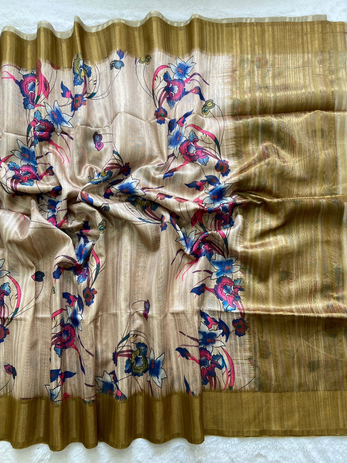Olive Tussar Silk Printed Saree with Zari Border, view 2