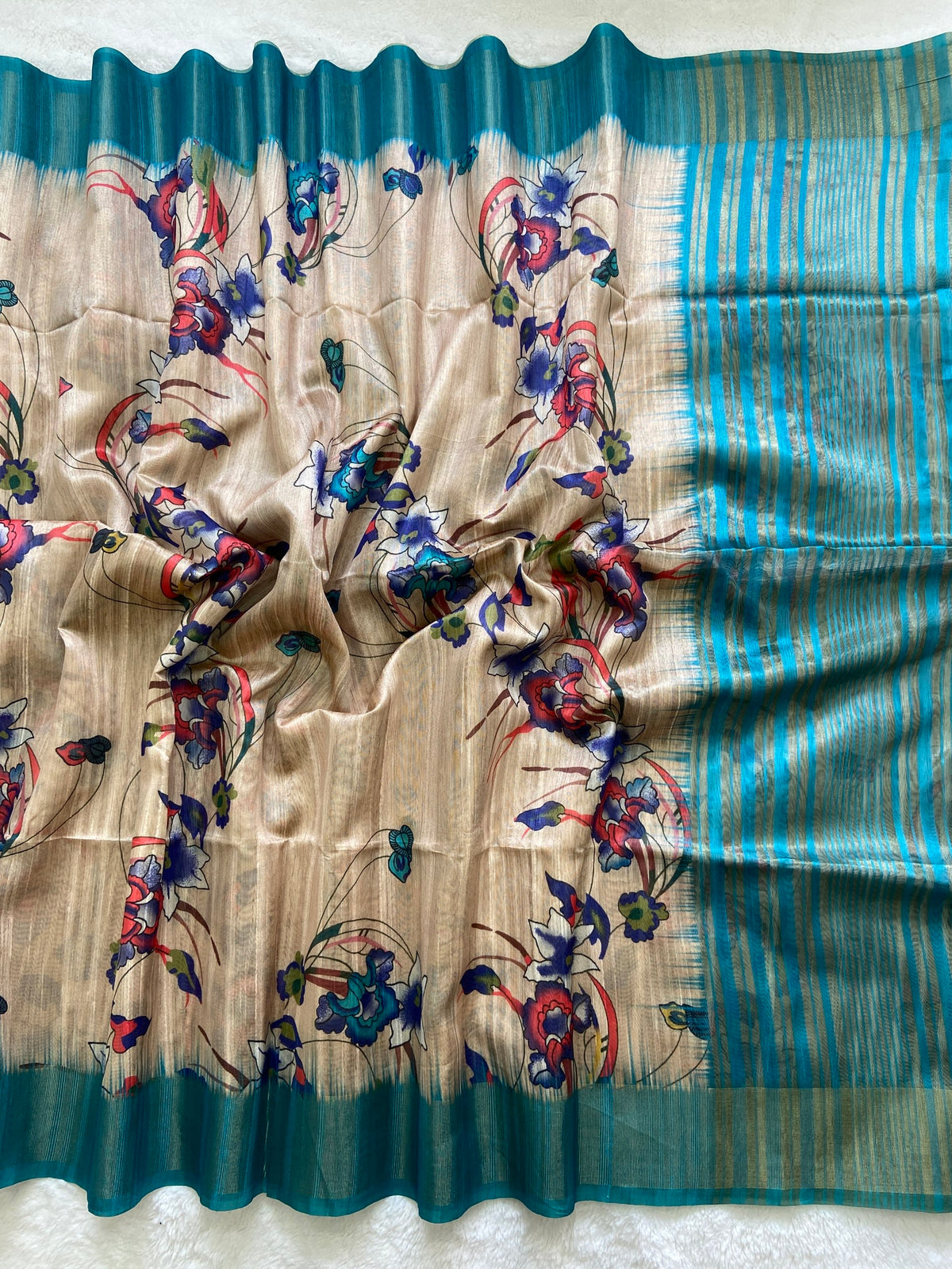 Sky Blue Tussar Silk Printed Saree with Zari Border, view 2