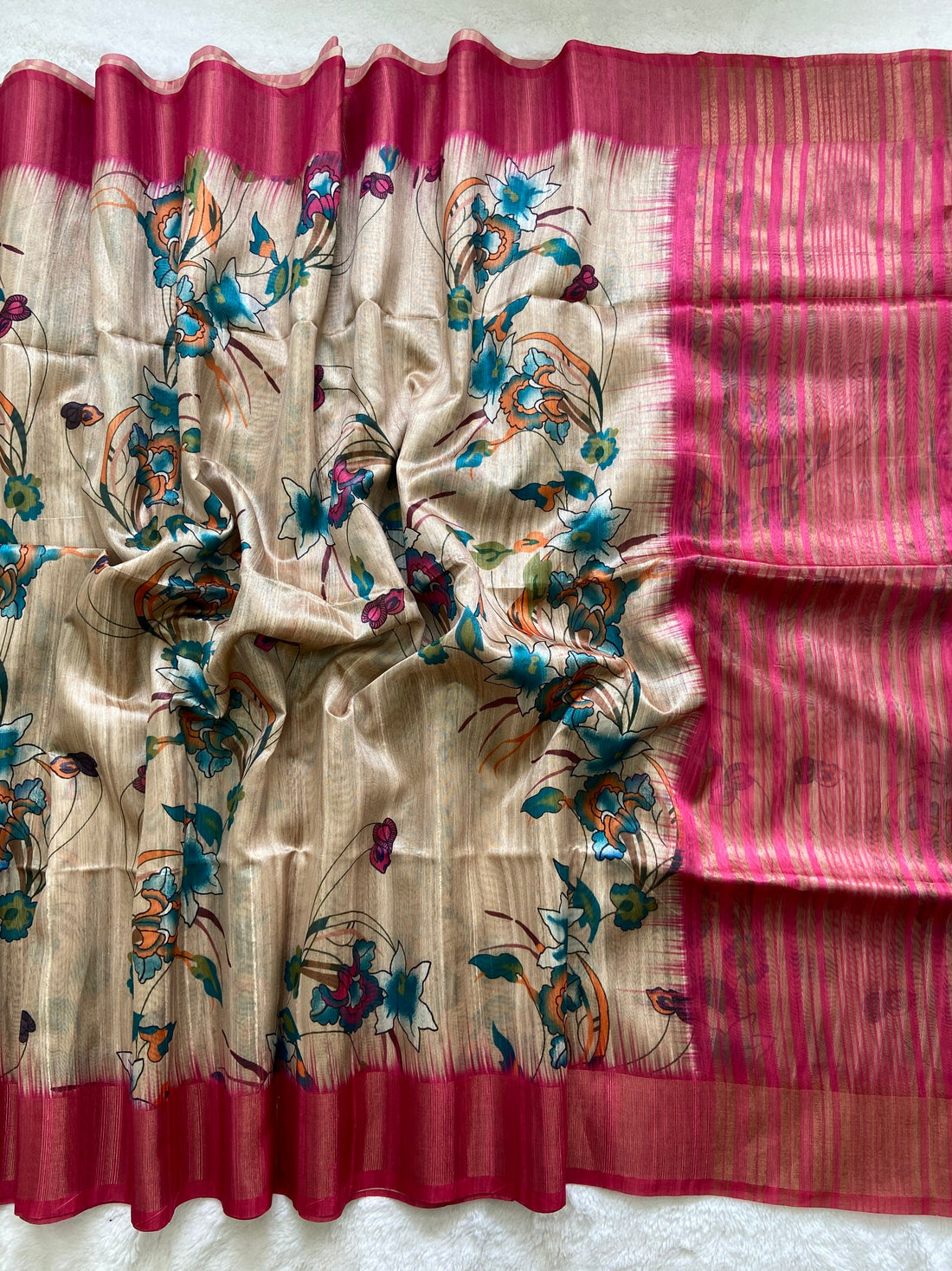 Rani Pink Tussar Silk Printed Saree with Zari Border