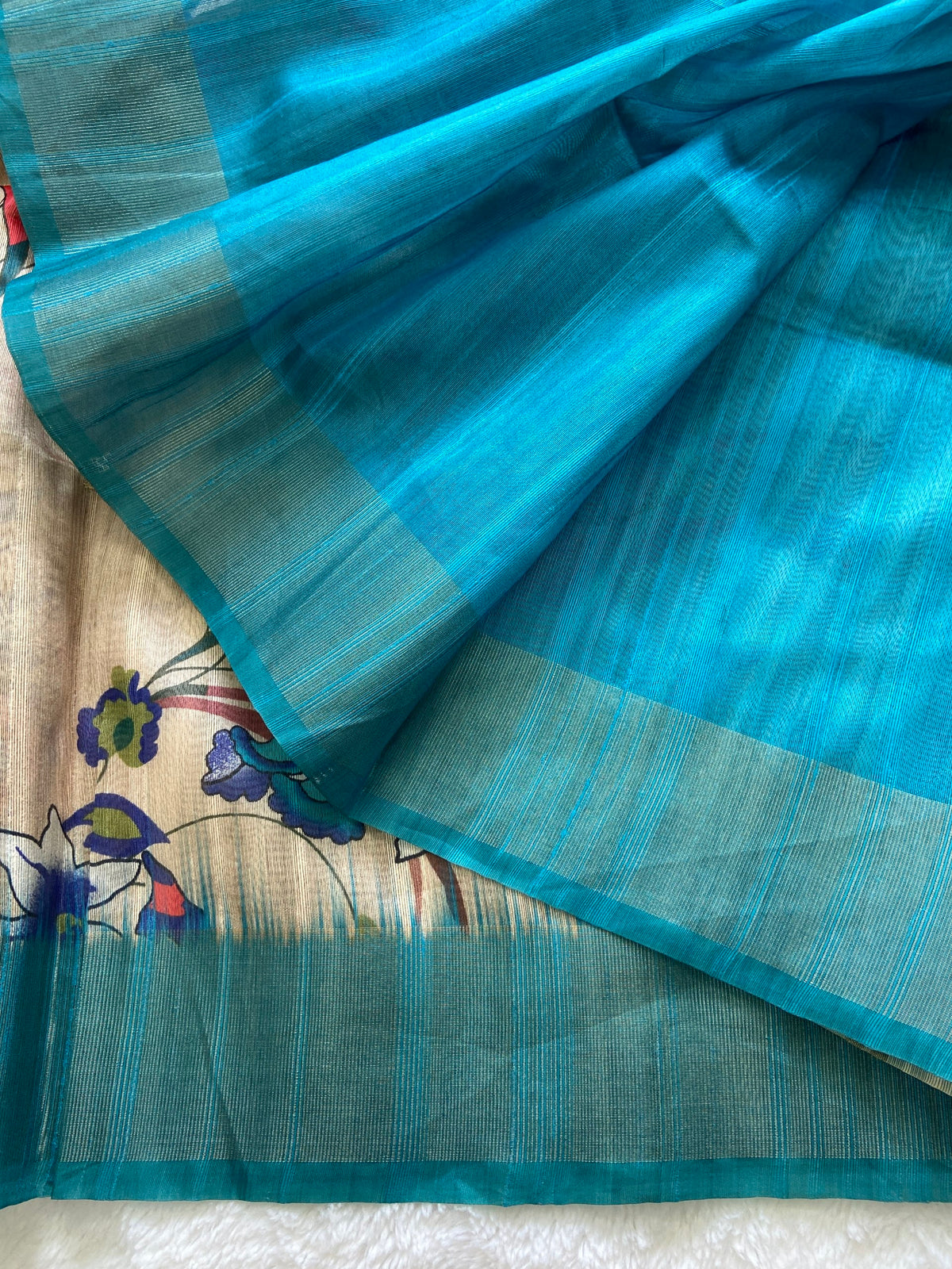 Sky Blue Tussar Silk Printed Saree with Zari Border, view 3